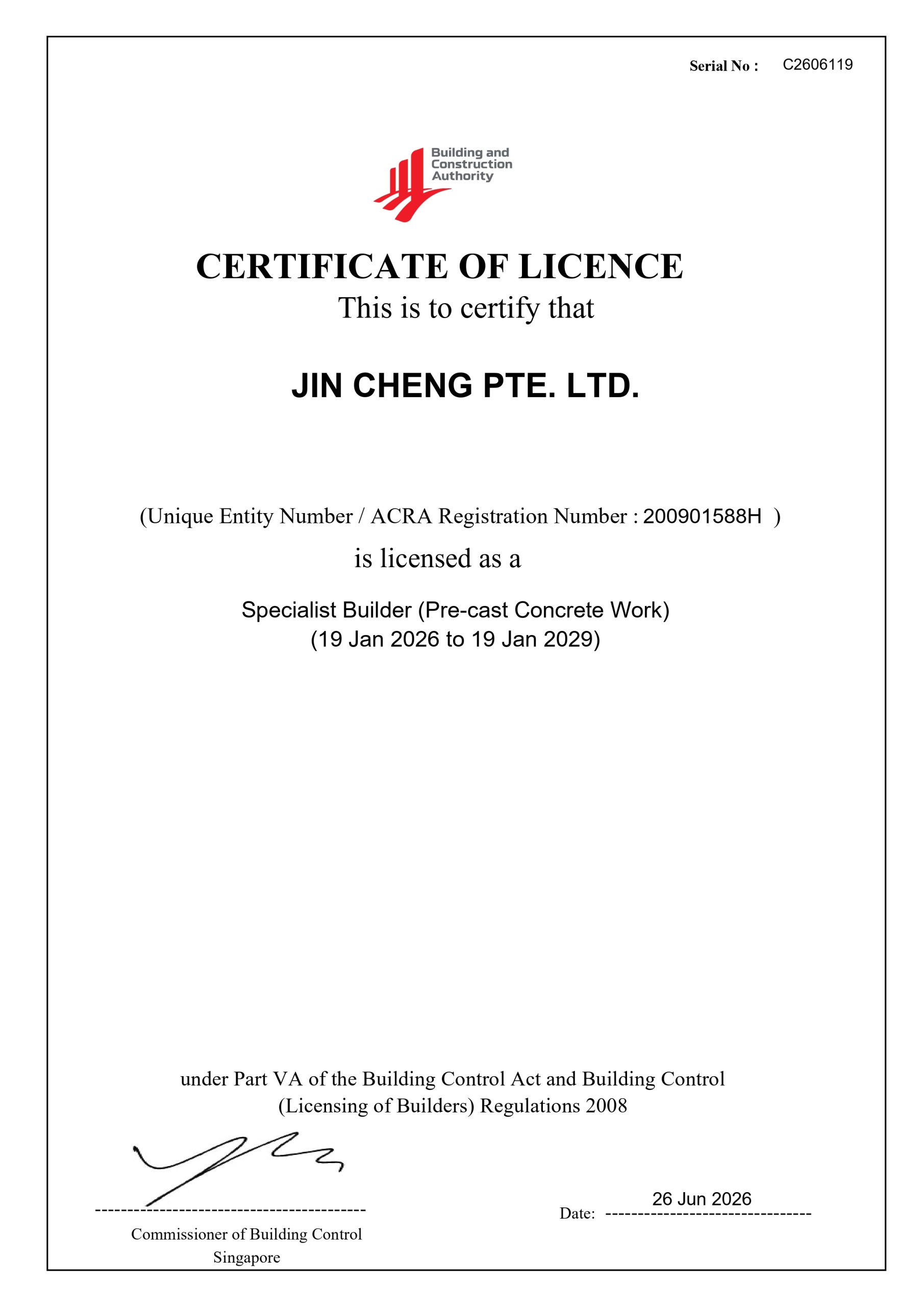 image of BCA Certificate of Licence