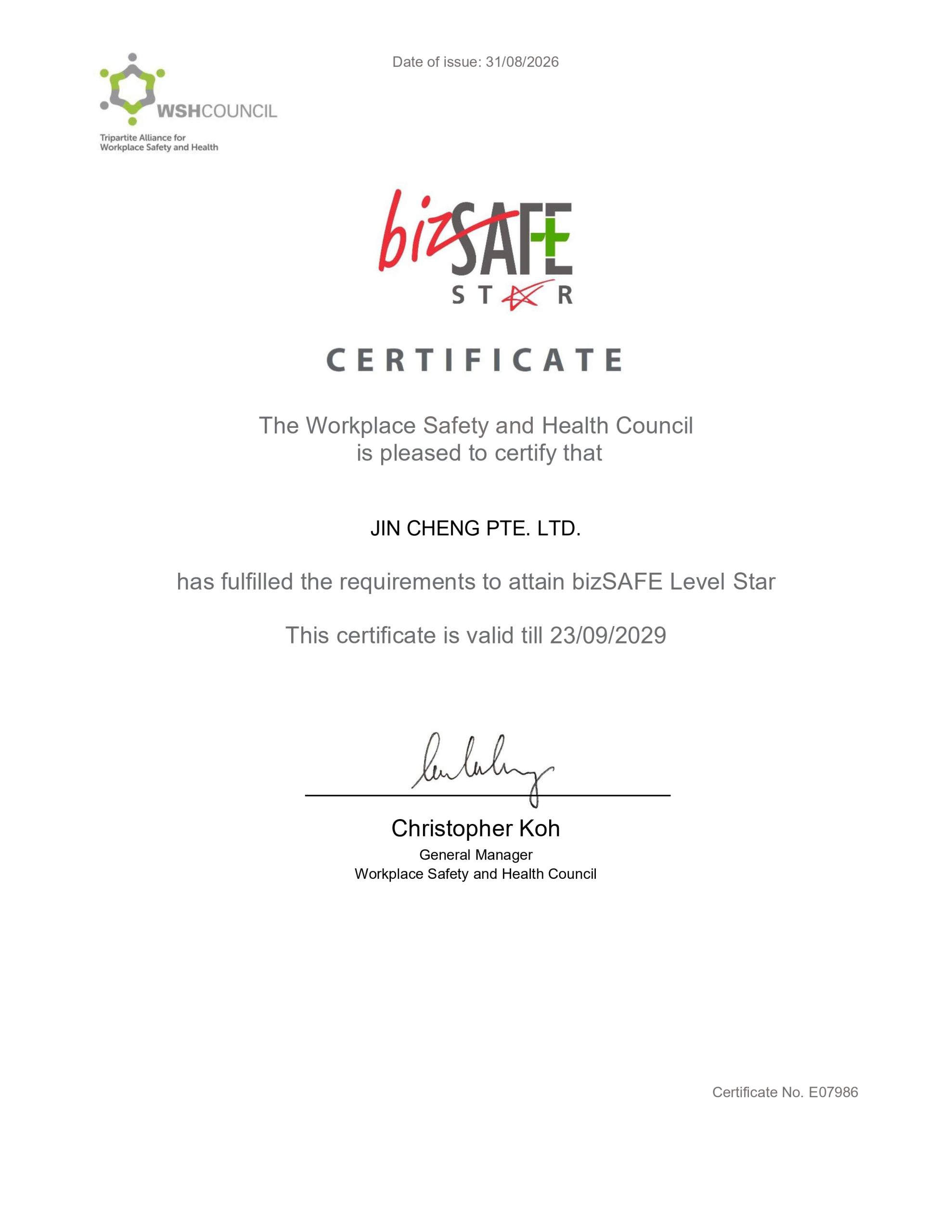 image of BizSAFE Star Certificate